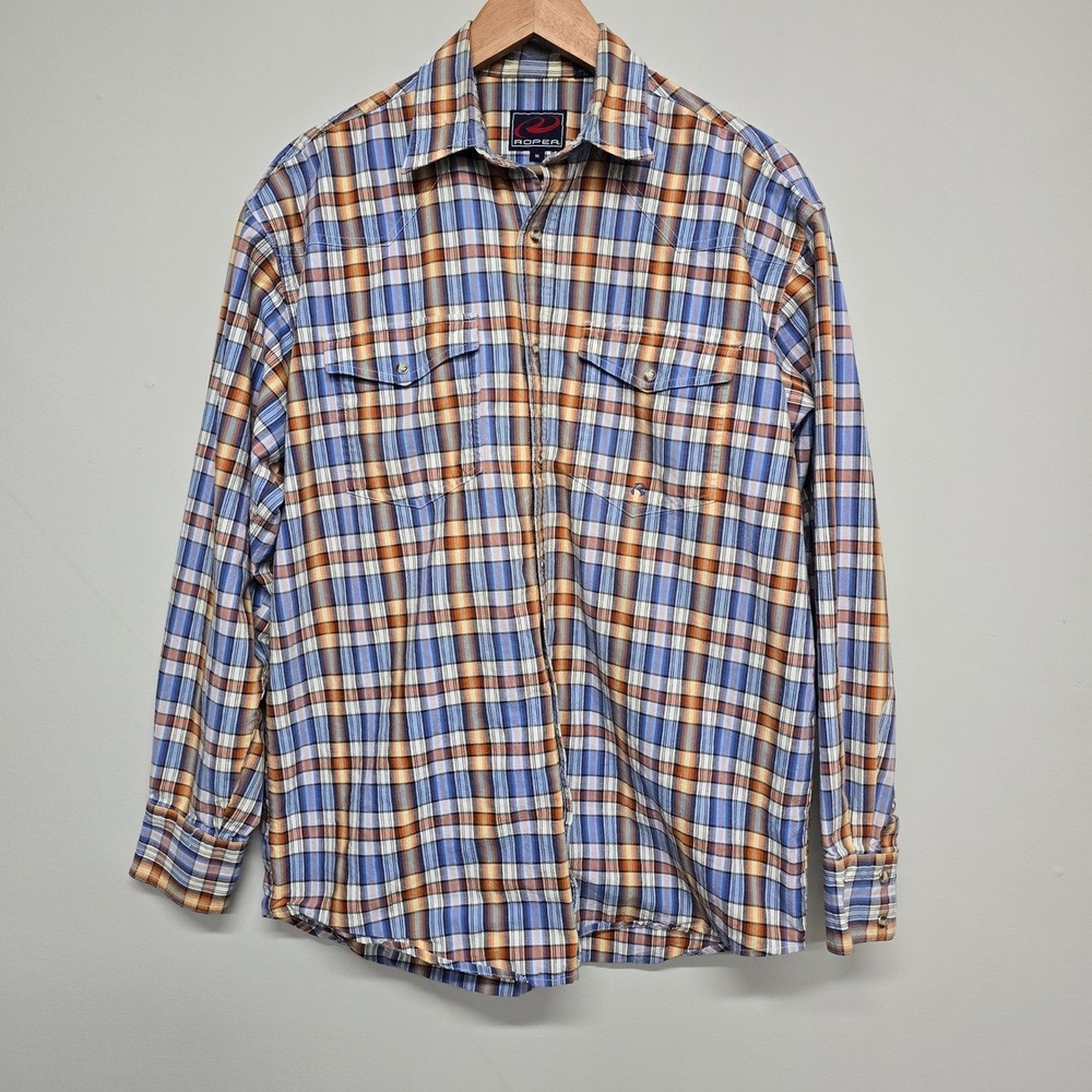 Roper Western Pearl Snap Shirt Mens Medium Blue Orange Plaid Cotton Cowboy Yoke